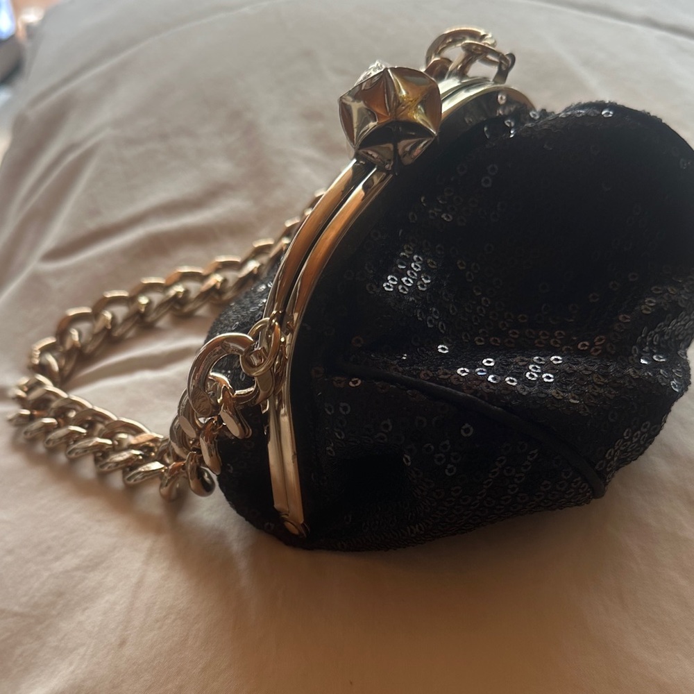 Betsey Johnson Black Sequin Heart Clutch with Gold Chain